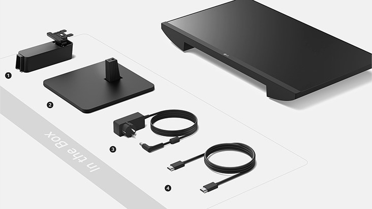 Stand body, Stand base, Adapter+Power cord and HDMI cable in the box.