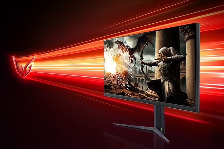 Side view of a monitor with a gaming archer character on the screen image.