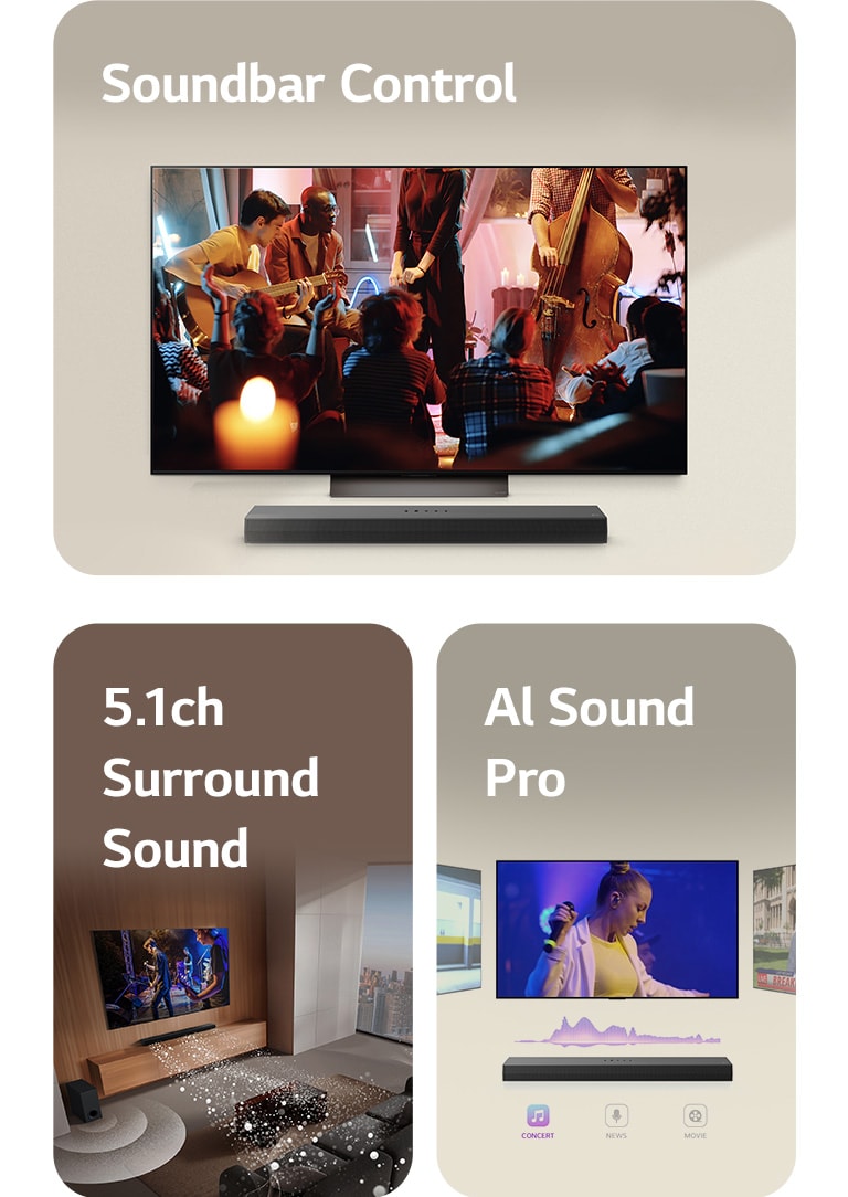LG Remote is pointing towards a LG TV with LG Soundbar underneath. LG TV is showing the WOW Interface menu on the screen. LG Soundbar, LG TV, rear speakers and subwoofer are in a living room displaying screen image with playing a musical performance. Three branch of white soundwaves made up of droplets project from the soundbar and a subwoofer is creating a sound effect from the bottom. LG Soundbar with three differing TV screens above. One shows a movie, one shows a concert, and the other shows a news broadcast. Below the soundbar, there are three icons to show each genre.
