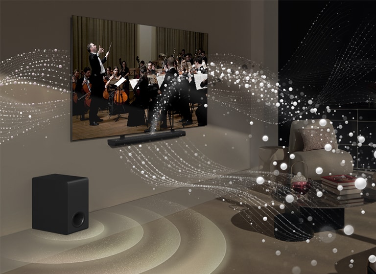 LG Soundbar, LG TV and a subwoofer are in a living room playing a musical performance. White droplets make waves of sound that shoot upwards and forward from the soundbar and project from the TV. A subwoofer is creating a sound effect from the bottom.
