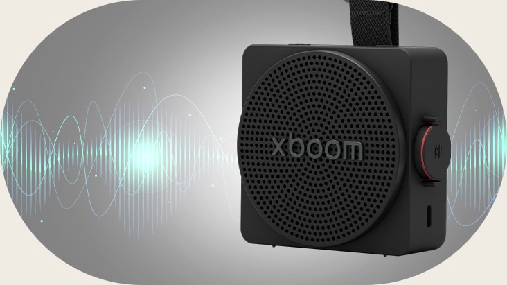 LG xboom Mini illustrated with virtual sound waves, showing space-filling sound powered by 5W AI sound processing