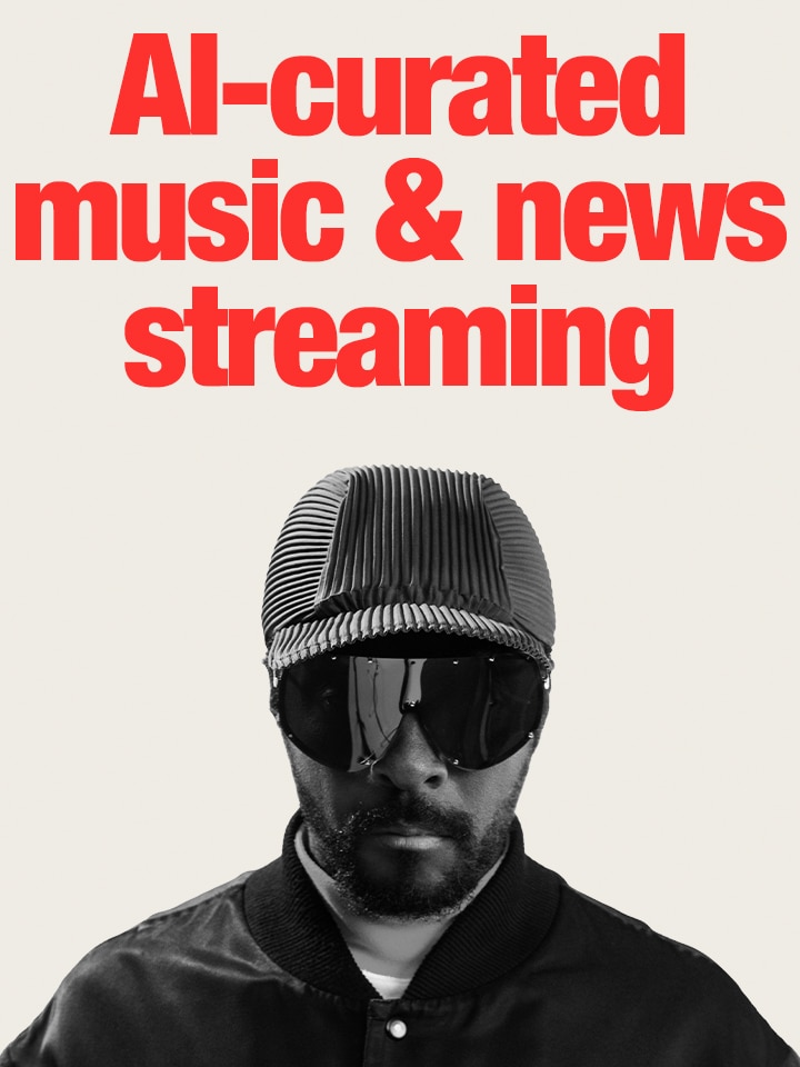 AI-curated music and news streaming headline graphic with will.i.am, emphasizing personalized stations powered by generative AI.