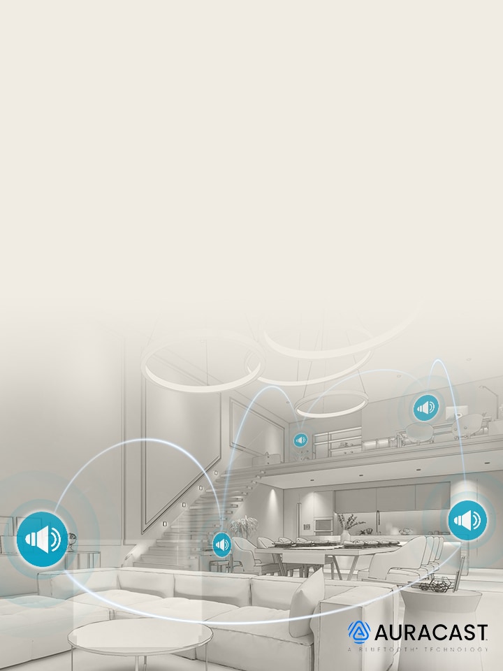 LG xboom Rock speaker illustrating audio connection between multiple speakers via Party Link with Auracast at home