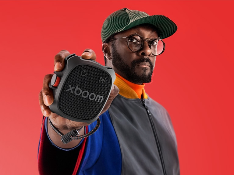 LG xboom Rock portable Bluetooth speaker featuring signature sound by will.i.am, designed for outdoor listening
