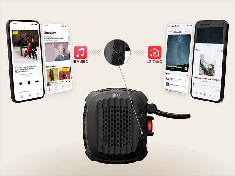 Apple Music app screens are shown on the left and LG ThinQ app screens on the right, highlighting one-tap playback using the My Button on the LG xboom Rock speaker.