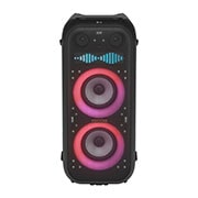Front view with all lighting on. On the Pixel Art Display panel, it shows the sound eq.