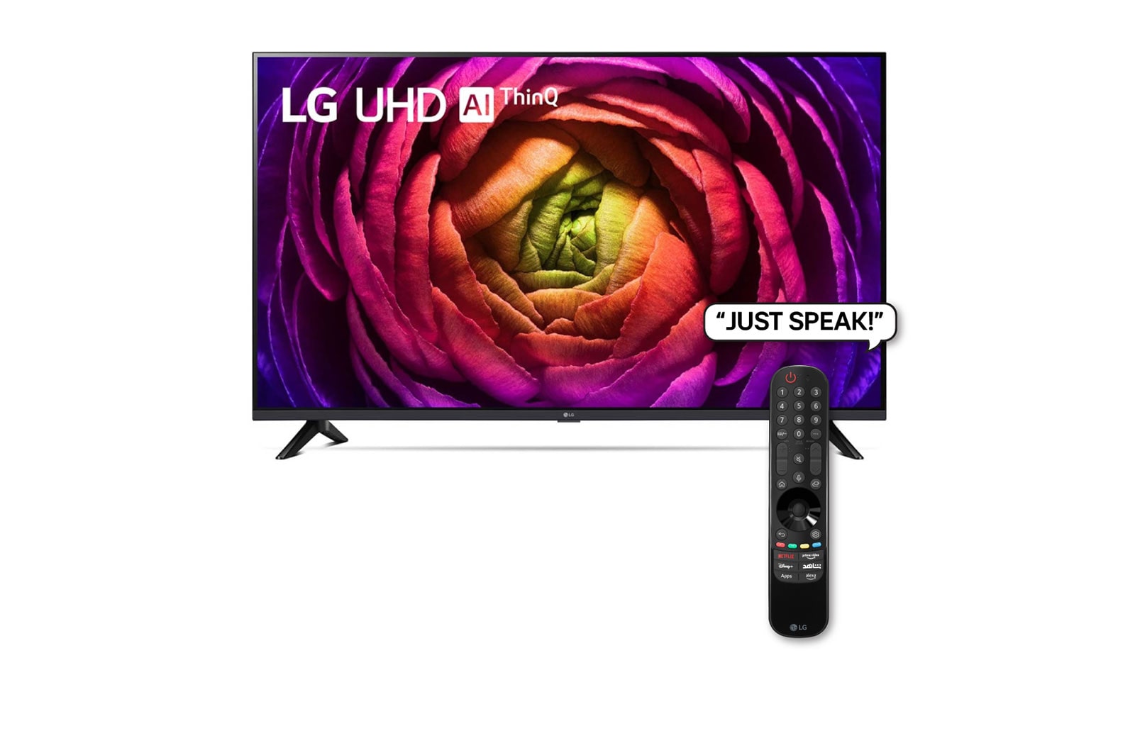 A front view of the LG UHD TV with Remote
