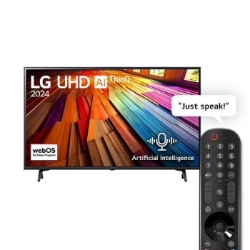 Front view of LG UHD TV, UT80 with text of LG UHD AI ThinQ, 2024, and webOS Re:New Program logo on screen