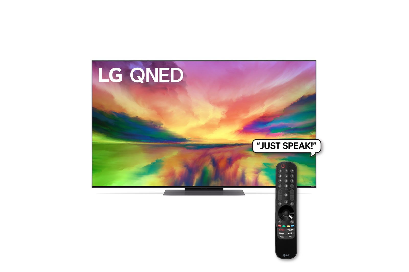 A front view of the LG QNED TV with infill image and product logo on