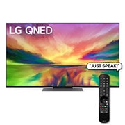 A front view of the LG QNED TV with infill image and product logo on