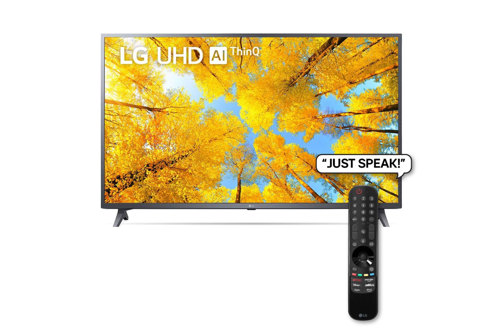 A front view of the LG UHD TV with infill image and product logo on