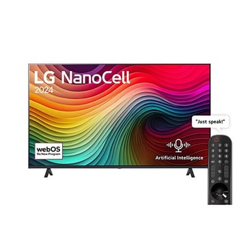 Front view of LG NanoCell TV, NANO80 with text of LG NanoCell, 2024, and webOS Re:New Program logo on screen