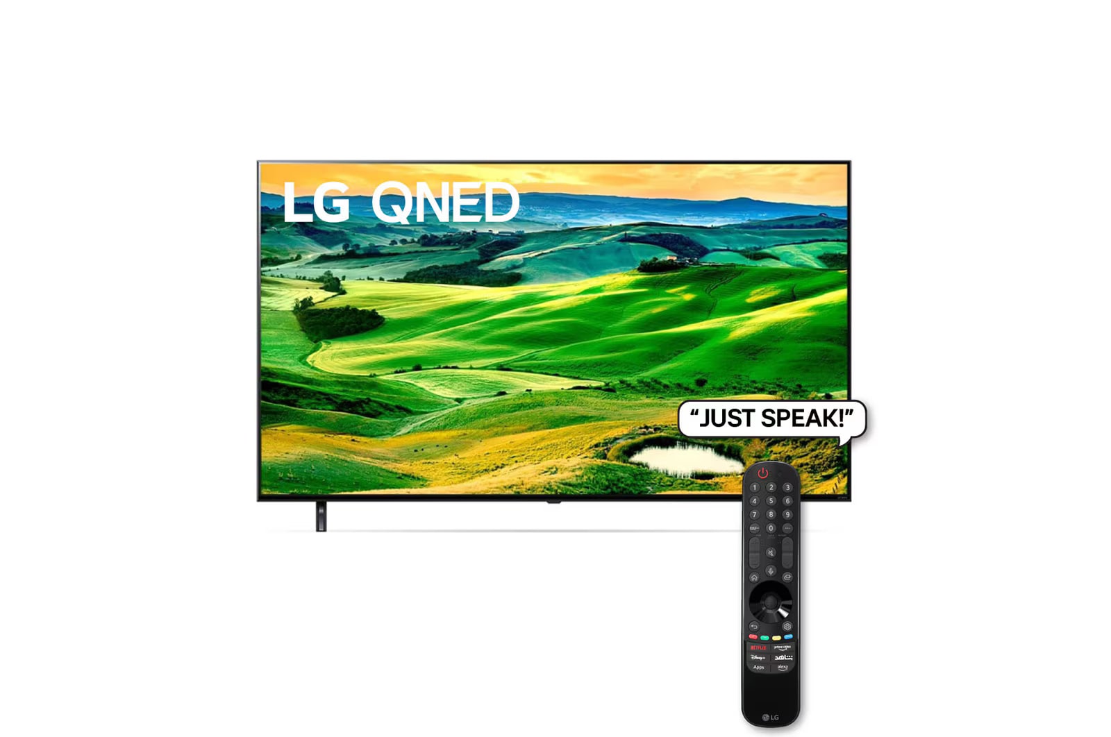 A front view of the LG QNED TV with infill image and product logo on