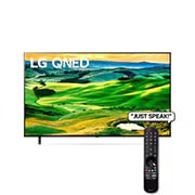 A front view of the LG QNED TV with infill image and product logo on