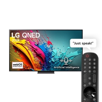 Front view of LG QNED TV, QNED85 with text of LG QNED, 2024, and webOS Re:New Program logo on screen