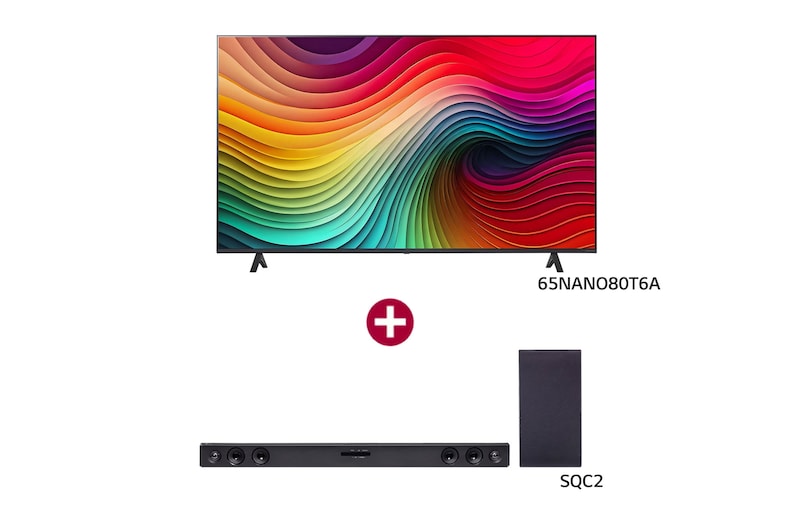 Front view of 65 Inch LG NanoCell NANO80 4K Smart TV and LG SQC2 Soundbar 65NANO80T6A.SQC2