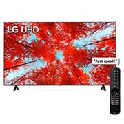 A front view of the LG UHD TV with infill image and product logo on