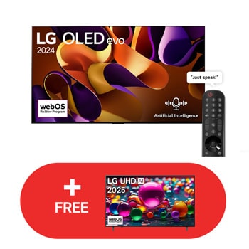 Front view of 77 Inch LG OLED evo G4 4K Smart TV Dolby Vision 2024 - Wall Mount Version + 65 inch LG UHD AI UA80 4K Smart TV HDR10 webOS25 2025  OLED77G46LA.65UA001