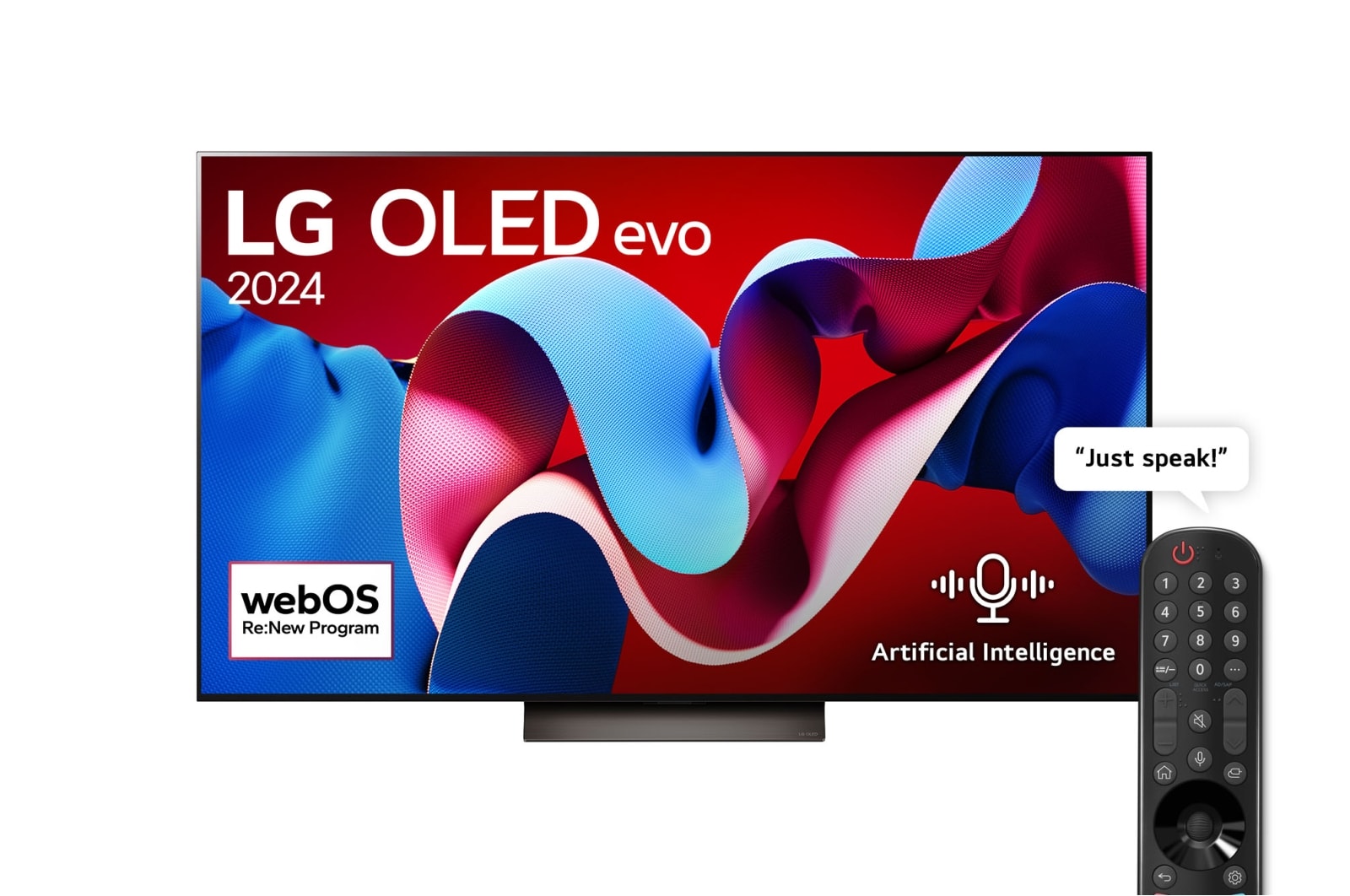 Front view with LG OLED evo TV, OLED C4, 11 Years of world number 1 OLED Emblem logo and webOS Re:New Program logo on screen, as well as the Soundbar below