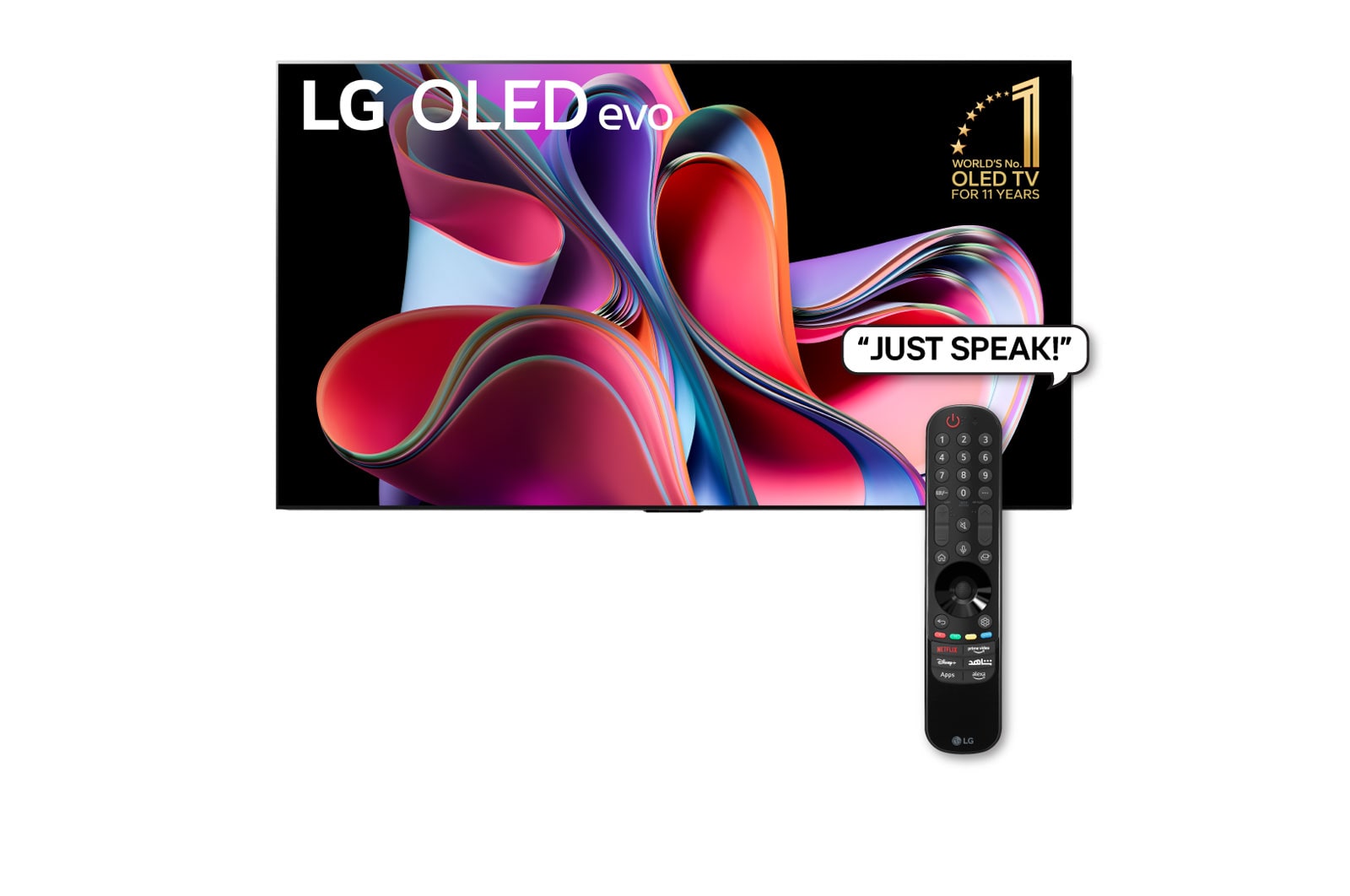 Front view with LG OLED evo, 11 Years World No.1 OLED Emblem, and 5-Year Panel Warranty logo on screen