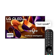 Front view with LG OLED evo TV, OLED G4, 11 Years of world number 1 OLED Emblem, webOS Re:New Program logo, and 5-Year Panel Warranty logo on screen, as well as the Soundbar below
