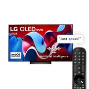 Front view with LG OLED evo TV, OLED C4, 11 Years of world number 1 OLED Emblem logo and webOS Re:New Program logo on screen, as well as the Soundbar below