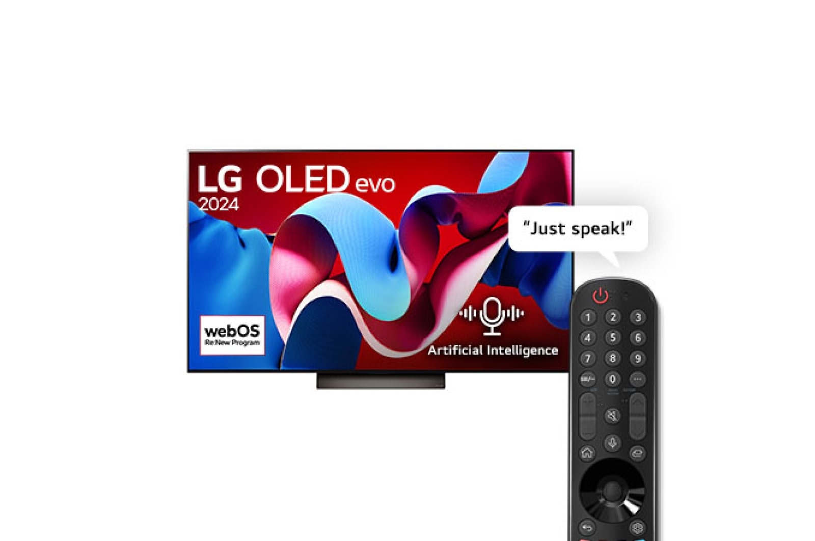 Front view with LG OLED evo TV, OLED C4, 11 Years of world number 1 OLED Emblem logo and webOS Re:New Program logo on screen, as well as the Soundbar below