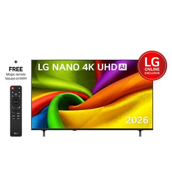 Front view of 55 inch LG NANO 4K UHD AI NU8E 4K Smart TV webOS26 2026 55NU8E0B6LA
