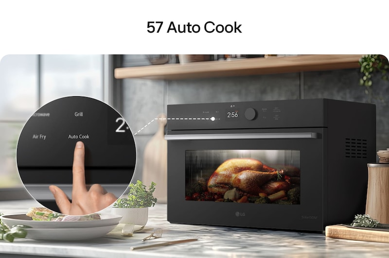 {60} Auto cook. User selecting the 'Auto Cook' function on the SolarDOM™ oven touchscreen, with a whole chicken cooking inside the oven in a modern kitchen setting.