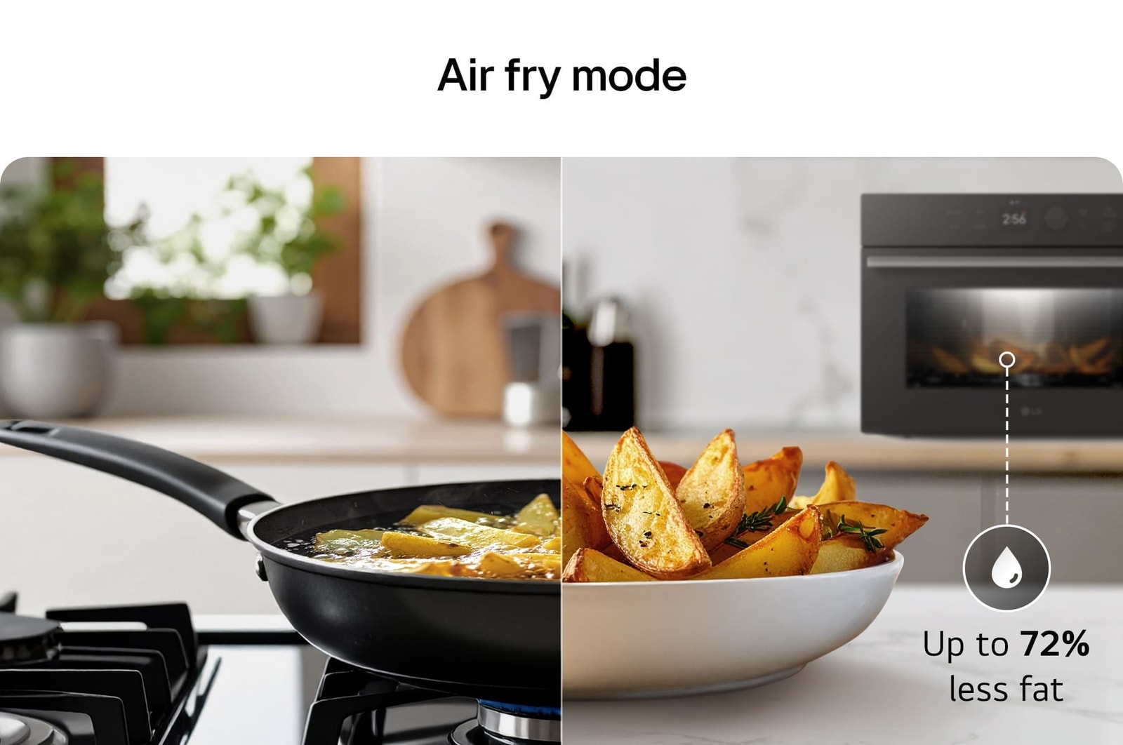 Air fry mode. Comparison between traditional frying on a stovetop and air frying in an SolarDOM™ oven, highlighting up to 72% less fat with air frying.