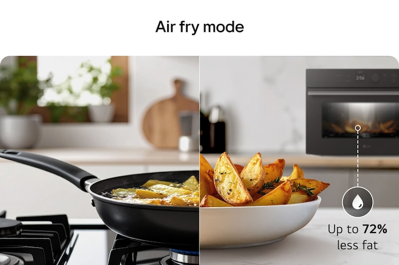 Air fry mode. Comparison between traditional frying on a stovetop and air frying in an SolarDOM™ oven, highlighting up to 72% less fat with air frying.