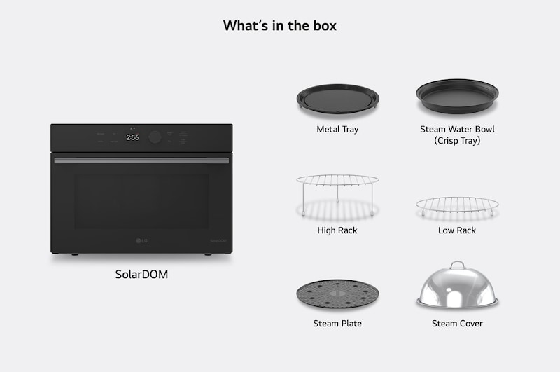 What's in the box — SolarDOM™ oven with included accessories: Metal Tray, Low Rack, High Rack, Steam Water Bowl (Crisp Tray), Steam Plate, Steam Cover, {Rotisserie, and Handle}.