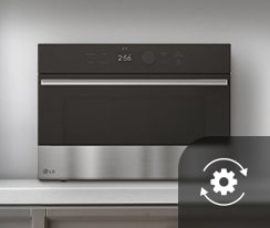 Image of a cooking appliance beside a smart phone screen displaying LG ThinQ Smart Diagnosis ; the icon shows settings icon