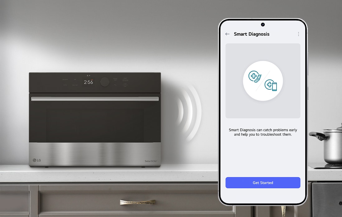Image of a cooking appliance beside a smart phone screen displaying LG ThinQ Smart Diagnosis.