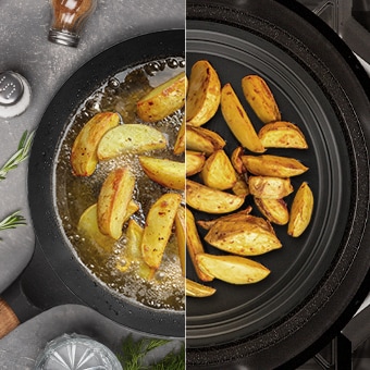 This image contrasts traditional frying with LG SolarDOM cooking—less oil, healthier potato wedges with the same crispiness.