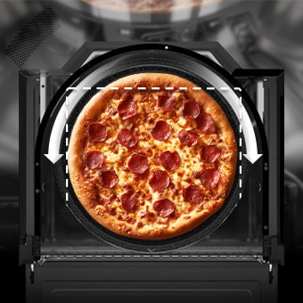 This image shows a pizza inside the oven, with an arrow indicating the rounded interior that ensures even heating.N/A