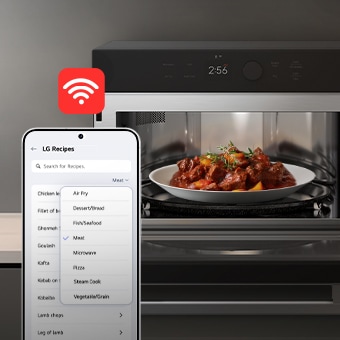 This image shows food inside the appliance, with a Wi-Fi icon above the UI screen. Indicating LG ThinQ connectivity.