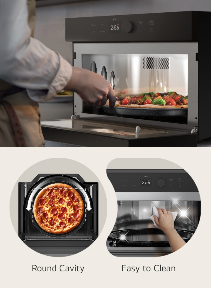 Person placing pizza into an LG SolarDOM, with close-ups of round cavity and easy-to-clean interior.