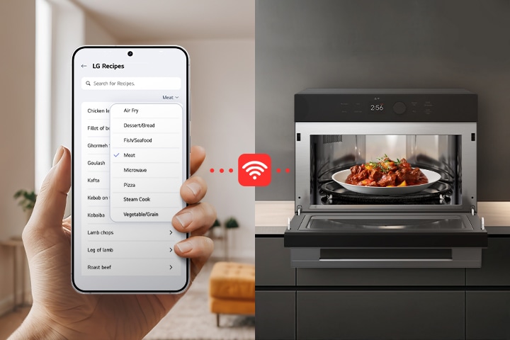 Image of a smartphone selecting cooking modes remotely, connected to a kitchen appliance displaying a finished dish