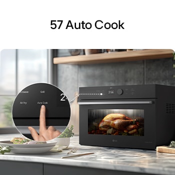 {60} Auto cook. User selecting the 'Auto Cook' function on the SolarDOM™​​ oven touchscreen, with a whole chicken cooking inside the oven in a modern kitchen setting.