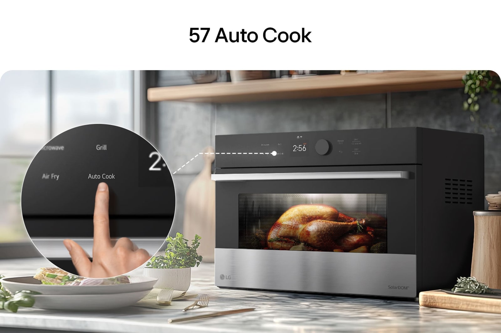 {60} Auto cook. User selecting the 'Auto Cook' function on the SolarDOM™​​ oven touchscreen, with a whole chicken cooking inside the oven in a modern kitchen setting.