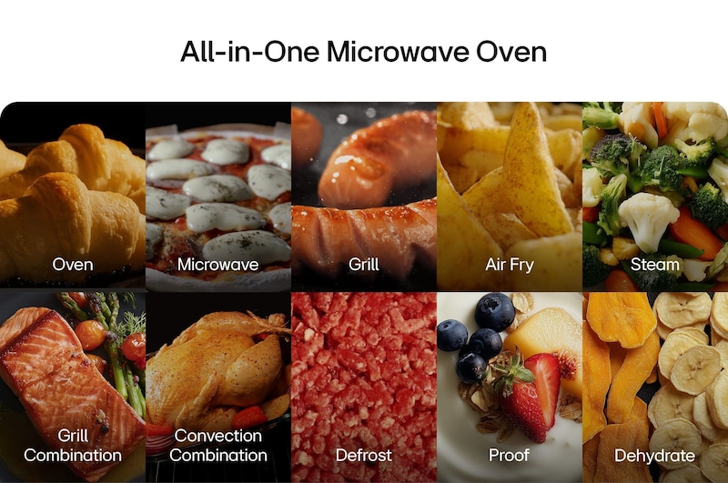 All in one with microwave. Multiple cooking functions including Oven, Microwave, Grill, Air Fry, Steam, Grill Combination, Convection Combination, Defrost, Proof, and Dehydrate, each represented by a corresponding food image.