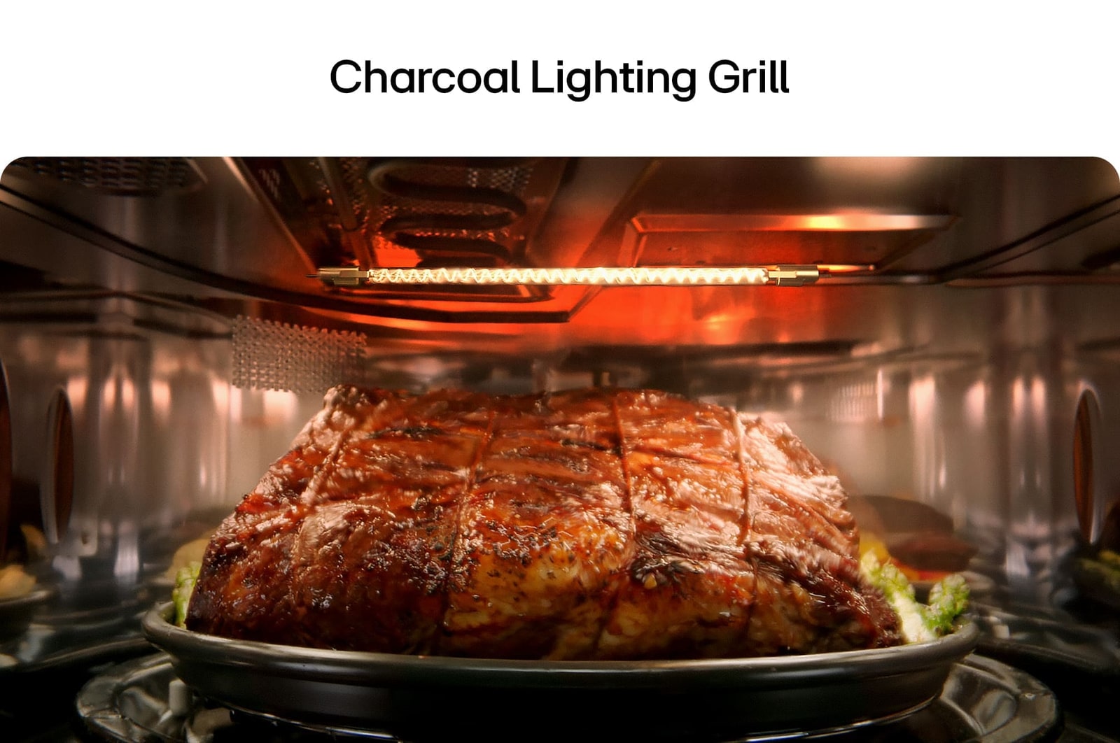 Charcoal lighting grill. Close-up view of meat being grilled inside the SolarDOM™​​