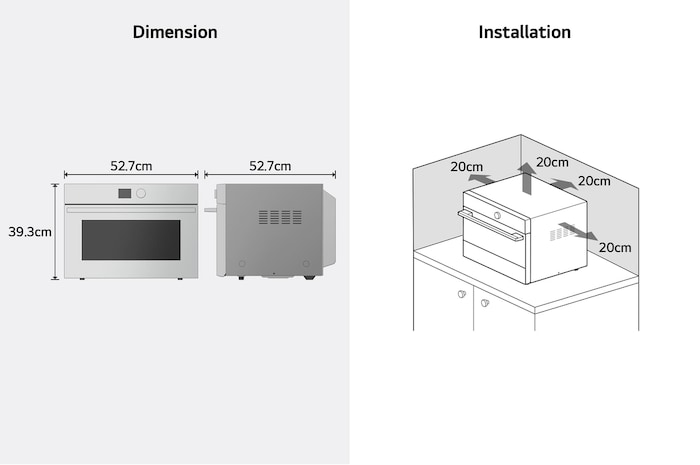 Product dimensions and installation guide for SolarDOM™ — 52.7 cm (width) × 39.3 cm (height) × 52.7 cm (depth); recommended 20 cm clearance on all sides for proper ventilation.
