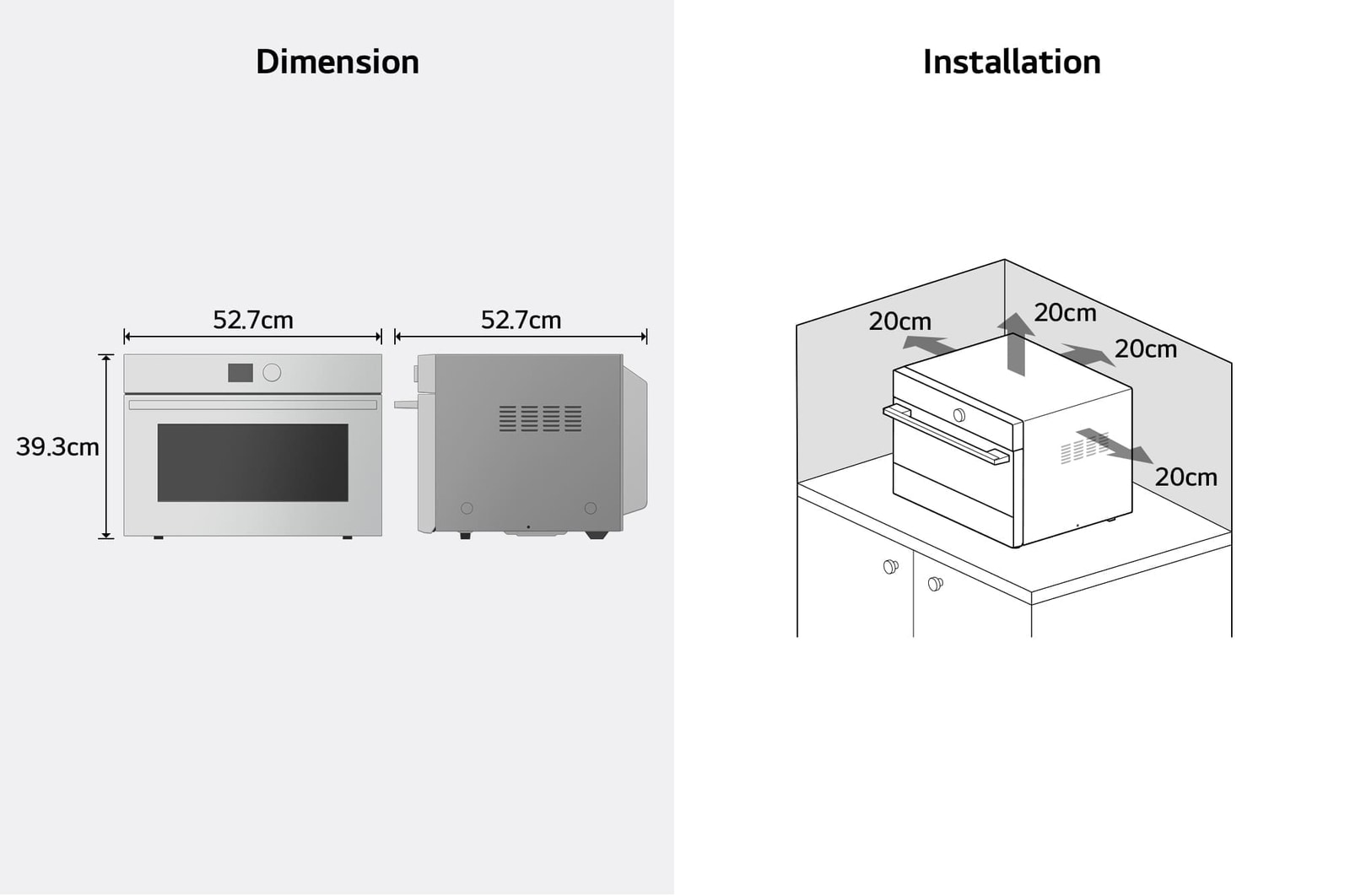Product dimensions and installation guide for  SolarDOM™​​ — 52.7 cm (width) × 39.3 cm (height) × 52.7 cm (depth); recommended 20 cm clearance on all sides for proper ventilation.