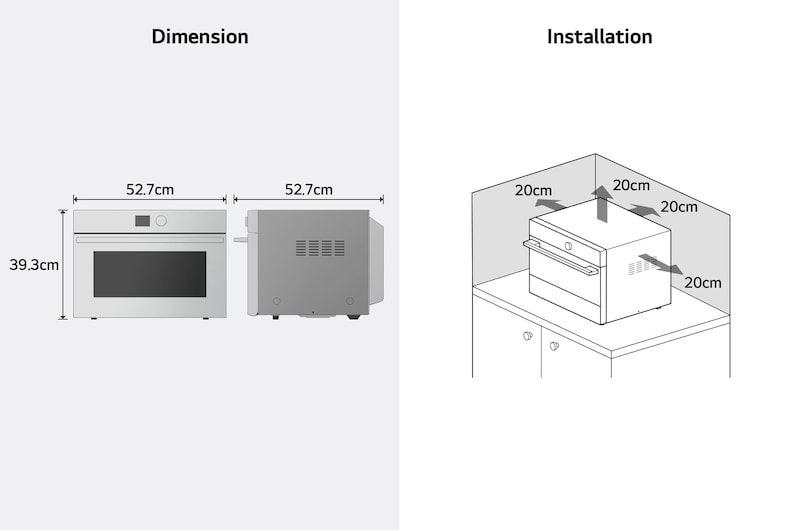 Product dimensions and installation guide for  SolarDOM™​​ — 52.7 cm (width) × 39.3 cm (height) × 52.7 cm (depth); recommended 20 cm clearance on all sides for proper ventilation.