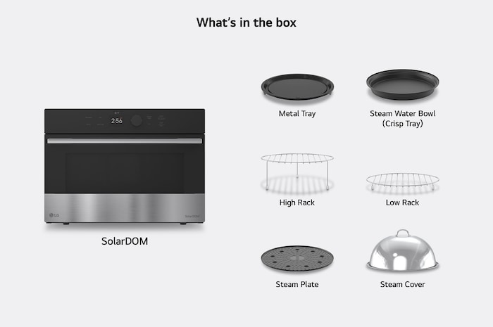 What's in the box — SolarDOM™ oven with included accessories: Metal Tray, Low Rack, High Rack, Steam Water Bowl (Crisp Tray), Steam Plate, Steam Cover, {Rotisserie, and Handle}.