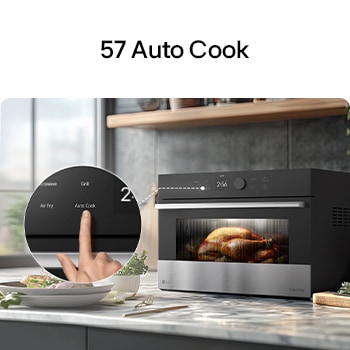 {60} Auto cook. User selecting the 'Auto Cook' function on the SolarDOM™​​ oven touchscreen, with a whole chicken cooking inside the oven in a modern kitchen setting.