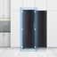 The front of a freezer is shown with blue shape and arrows pointing to demonstrate how the freezer fits in a kitchen space. 