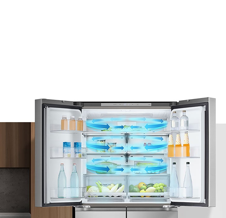      LG double door fridge with beverages, fruits, and vegetables neatly organised inside, showing airflow for freshness.
